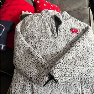 UW Wisconsin Top of the World Gray Sherpa Pullover with Red Accent
